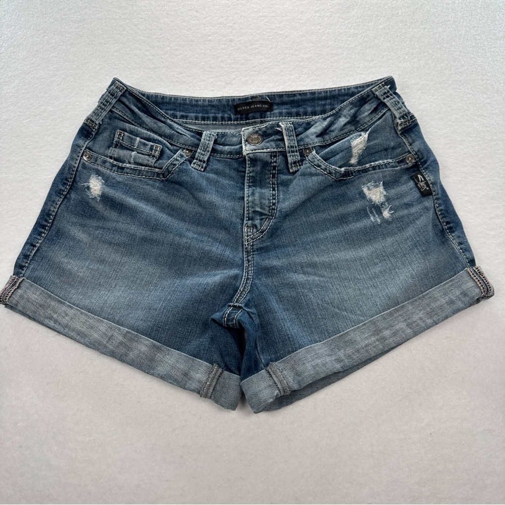 Silver Jeans BoyFriend Jean Shorts Women's 27 Distressed Cuffed 4” Med Fade EUC - Picture 3 of 12